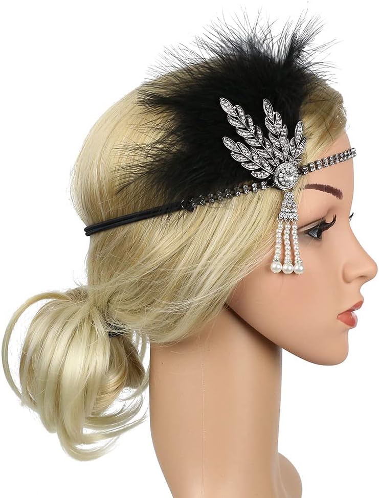 STIOEDYUAN 20s Flapper Feather Headband Art Decor Gatsby Rhinestone Leaf Medallion imitation Pearl Headpiece Hair Accessories - Image 2