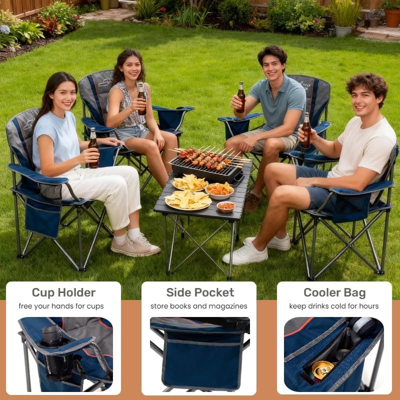 Miniatura 7 de FAIR WIND Paquete de 2 sillas de campamento totalmente acolchadas de gran tamaño con soporte lumbar, bolsa enfriadora resistente, soporte para silla