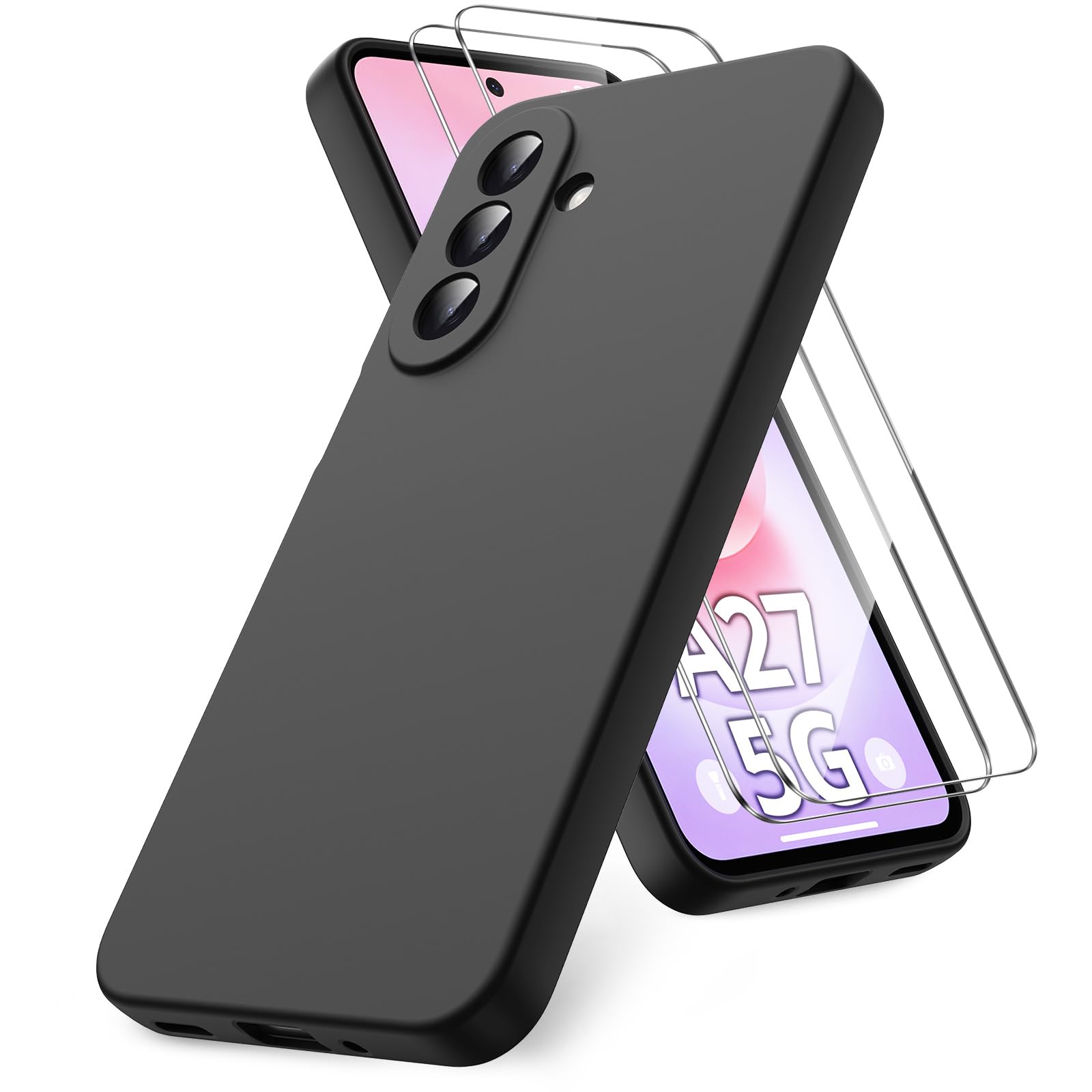 Vansdon Cover Compatibile con Samsung Galaxy A27 5G, 2 Pellicola Protettiva in Vetro Temperato, Gomma Gel di Silicone Liquida Antiurto Custodia - Nero