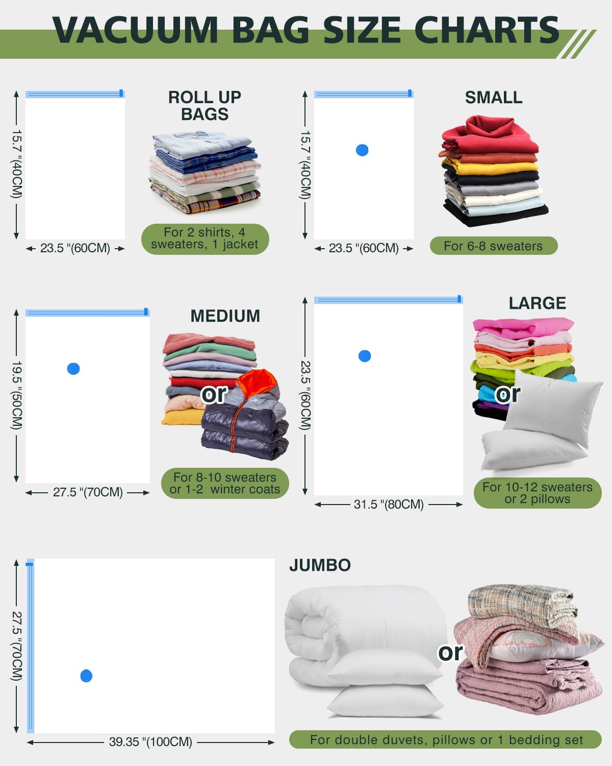 Bolsas de almacenamiento al vacío (paquete de 15) bolsas ahorradoras de espacio con 1 bomba de aire eléctrica (3 jumbo, 3 grandes, 3 medianas, 3 pequeñas, 3 rollos), bolsas de sellado al vacío para