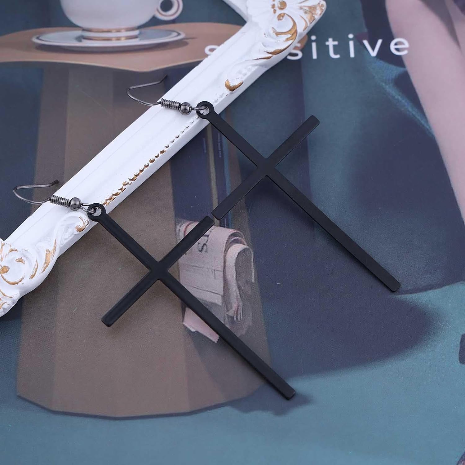 Vintage Cross Dangle Earrings - Large Drop Earrings With Big Cross Hooks - Gold Retro Stud Earrings for Women Black image 6 of 7 B0CG1PR9NR