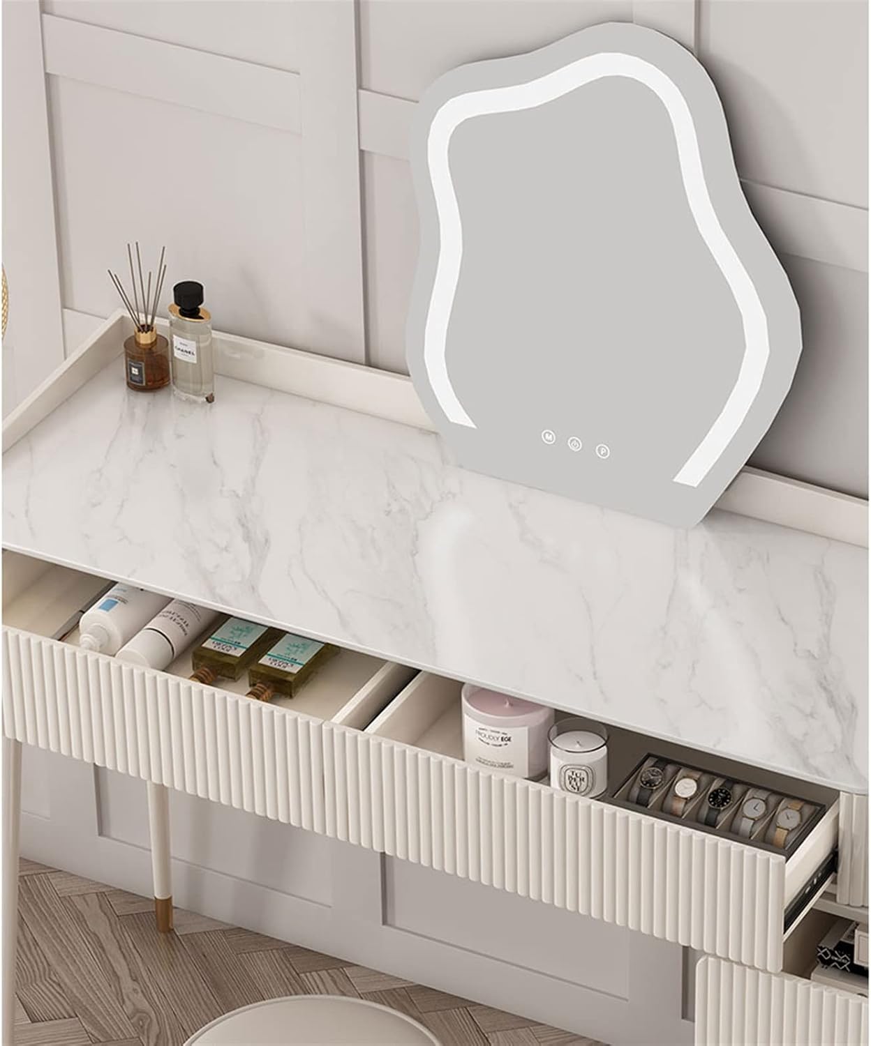Vanity Dressing Table Set Luxury Makeup Bench with 3 Colors Led Hd Mirror,Comfortable Stool Drawers Cabinet,Modern Simple Style,for Girl's Gift (Size : 100CM) ()