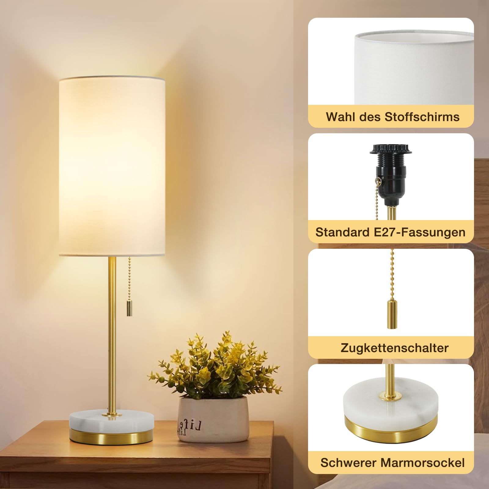 GyroVu Nachttischlampen im 2er-Set, minimalistische Tischlampe mit Zugkette, moderne Nachttischlampe mit Marmorfuß, goldene Tischlampe für Schlafzimmer, Wohnzimmer, Büro