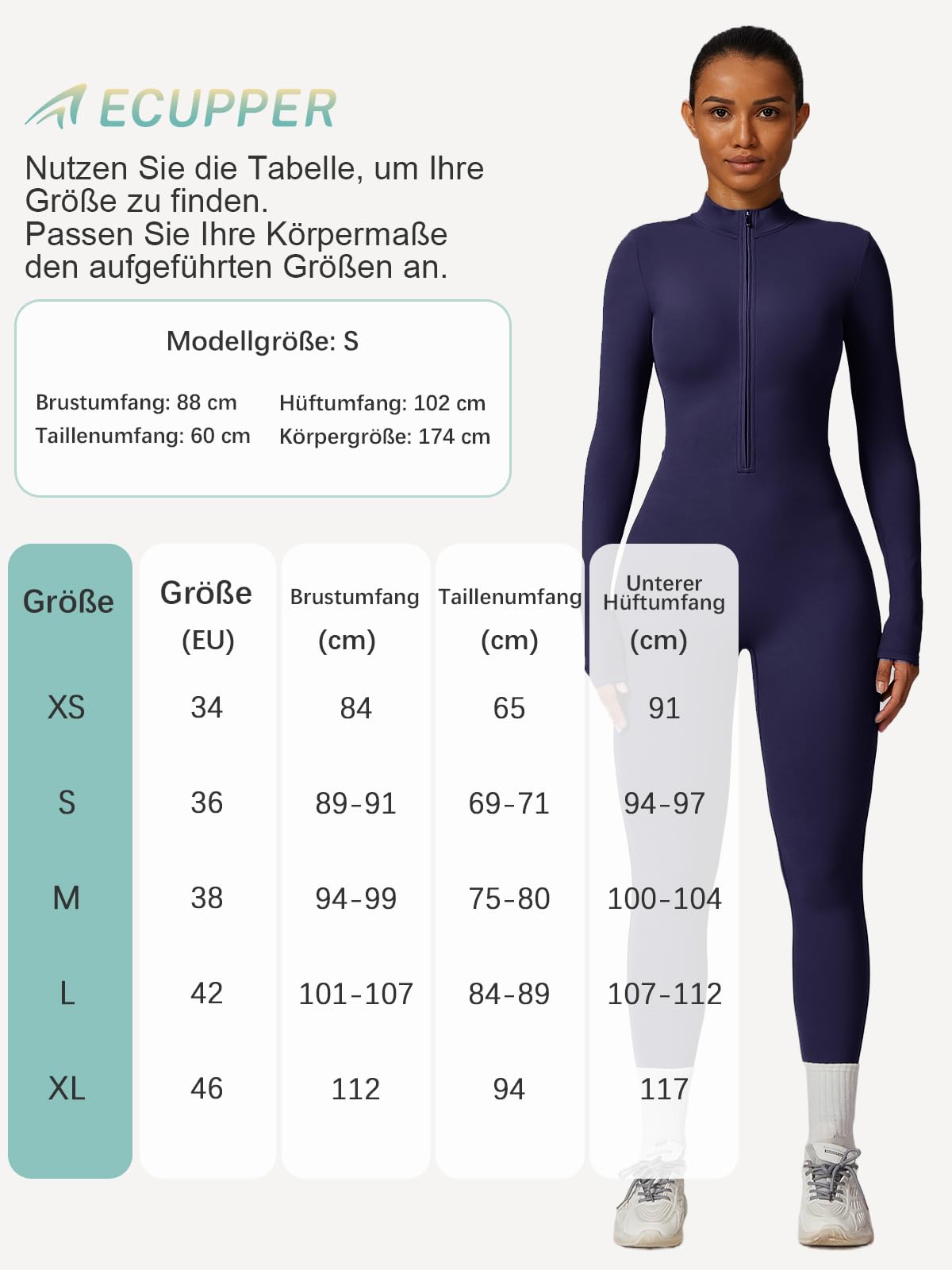 ECUPPER Enterizo Deportivo para Mujer Con cierre de cremallera y manga larga - Body moldeador para yoga y gym