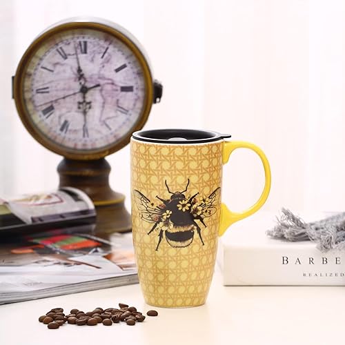 Miniatura 7 de DUSVALLY Taza de cerámica grande Taza de café alta Tazas de viaje de porcelana Taza de café con tapa de 17 onzas, Abeja