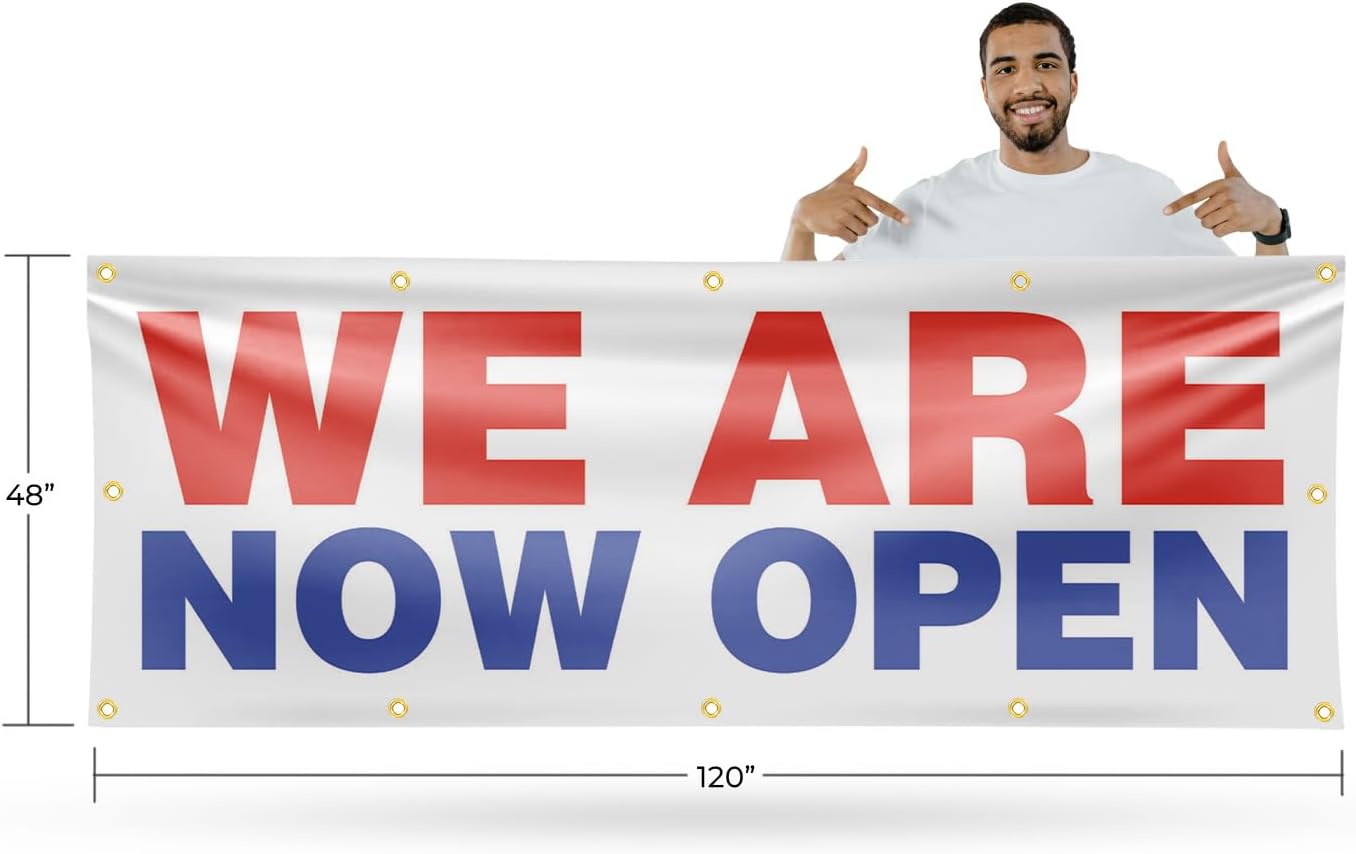 We Are Now Open Banner Sign 48 Inch x 96 Inch | 13 oz Vinyl with Metal Grommets | Heavy-Duty Single-Sided Outdoor Durable Printed High-Quality Weatherproof | Made in the USA