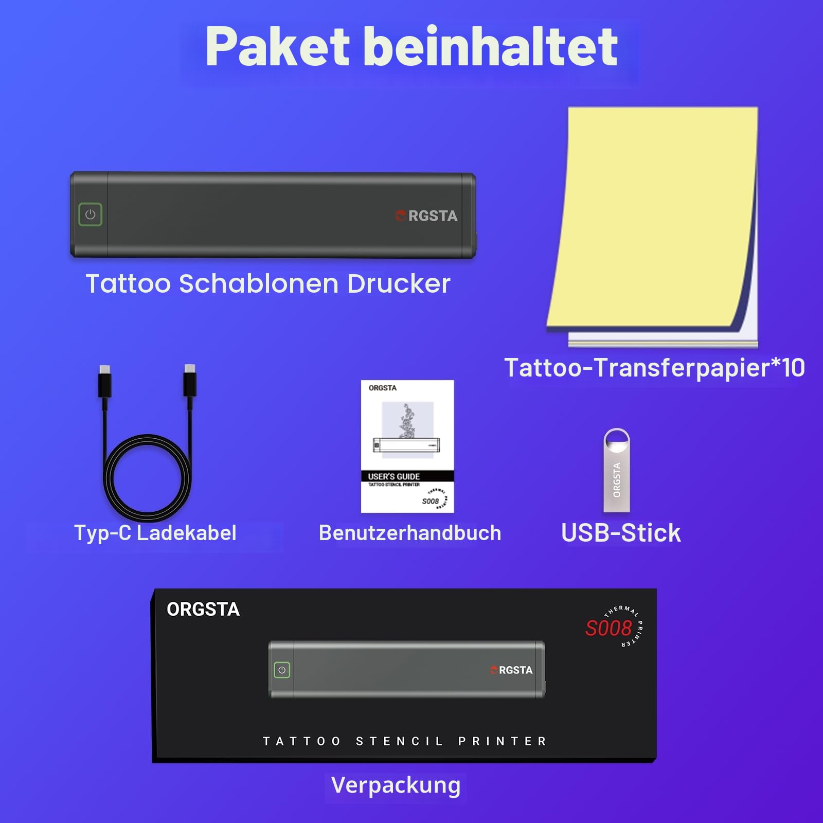 ORGSTA S008 Tätowier Schablonendrucker Bluetooth Thermodrucker Tattoo mit 10 Stück Papier, Tattoo Vorlage Ducker Kabelloser Thermodrucker für Künstler und Anfänger