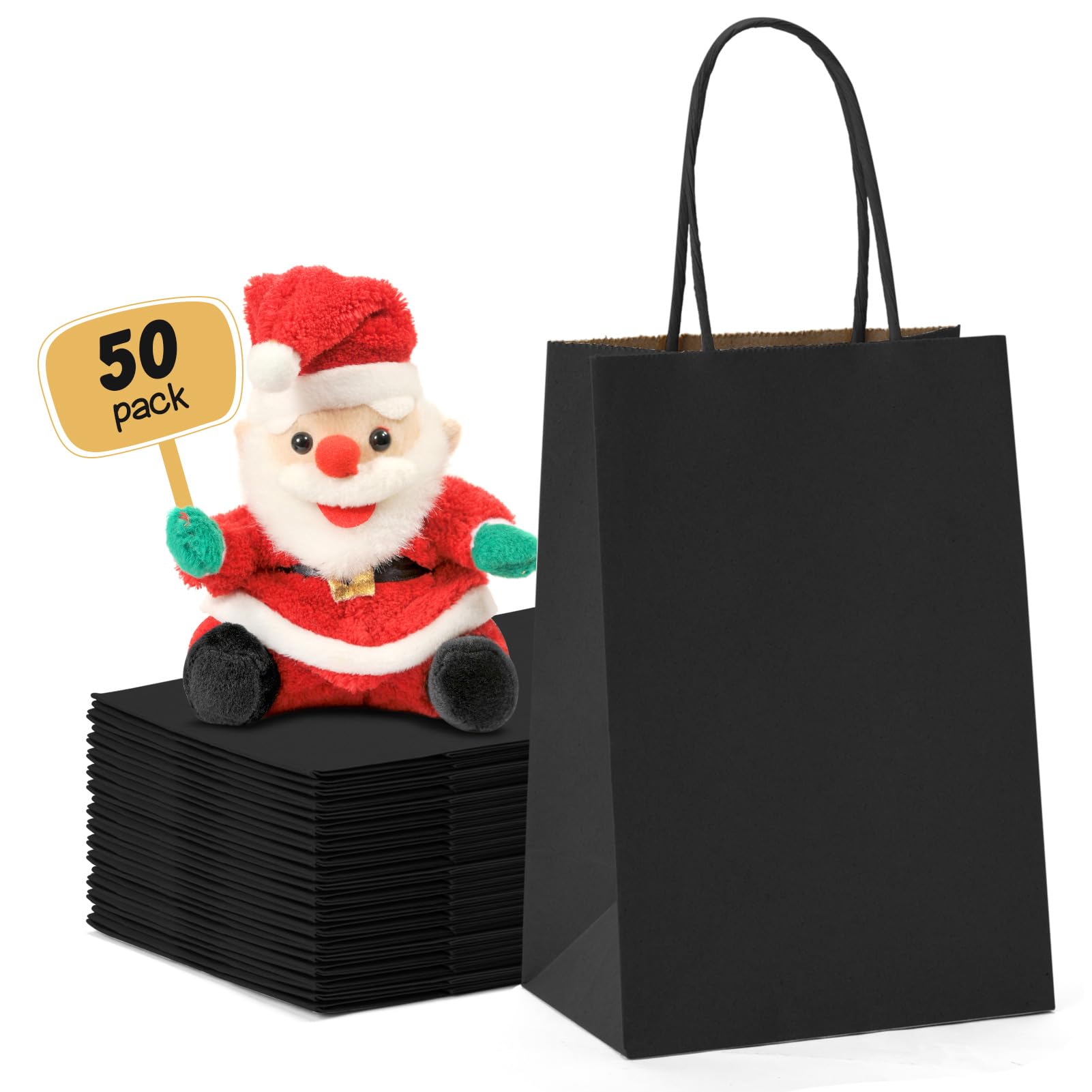 METRONIC Bolsas de regalo pequeñas negras de 5.25 x 3.75 x 8 pulgadas, 50 unidades, bolsas de papel kraft con asas a granel para regalos de fiesta de cumpleaños, bolsas de papel de regalo, compras al