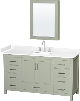 Wyndham Collection Sheffield 60 inch Single Bathroom Vanity in Light Green, White Cultured Marble Countertop, Undermount Square Sink 3-Hole, Brushed Nickel Trim, Medicine Cabinet