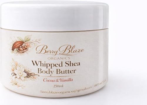 BerryBlaze Organics Whipped Shea Body Butter Cocoa Butter and Vanilla Fragrance, 250ml
