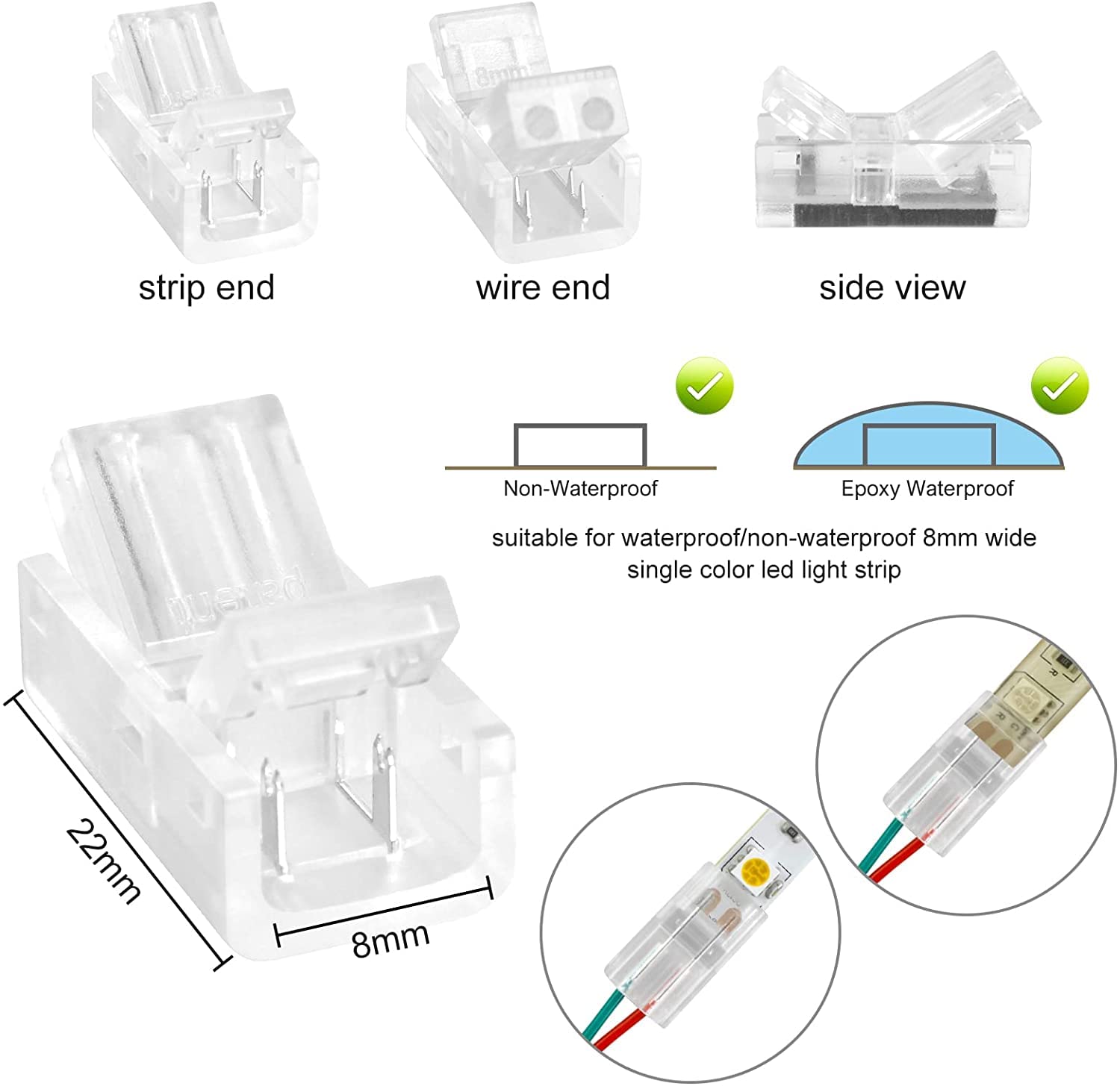 2 Pin LED Strip Connector Kit - Solderless Connectors For 8mm 3528/2835 LED Lights - Includes DC Connector & 2 Way Splitter