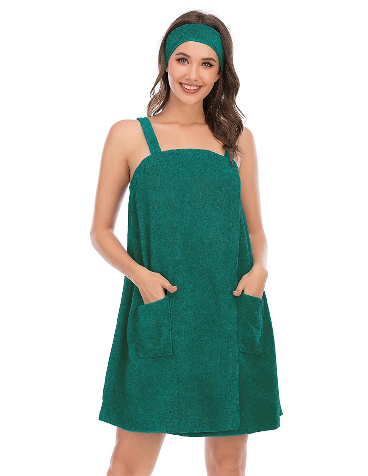 Veseacky Dry Faset Bath Wrap Womens Absorbing Robe Spa Bathrobe with Pocket&Face Strap (Large,Army Green) — image 1