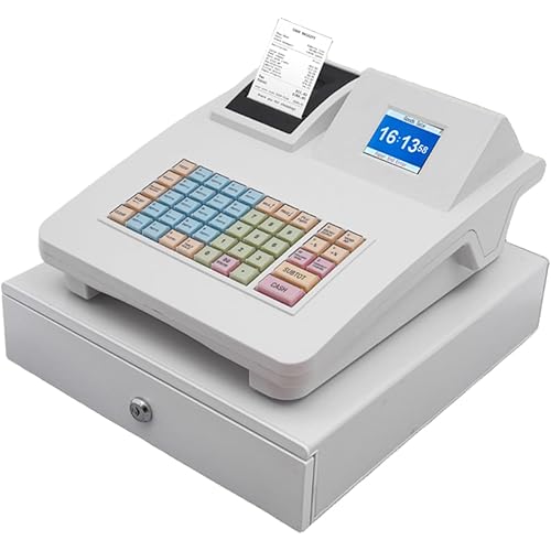 Cash Register for Small Businesses & Restaurant, Electonric caja registradora w/Cash Drawer, 200Dept/1000Items/200Tables/30Tastes/50Clerks/15Reports,Supports Scanner Scale Printer(White)
