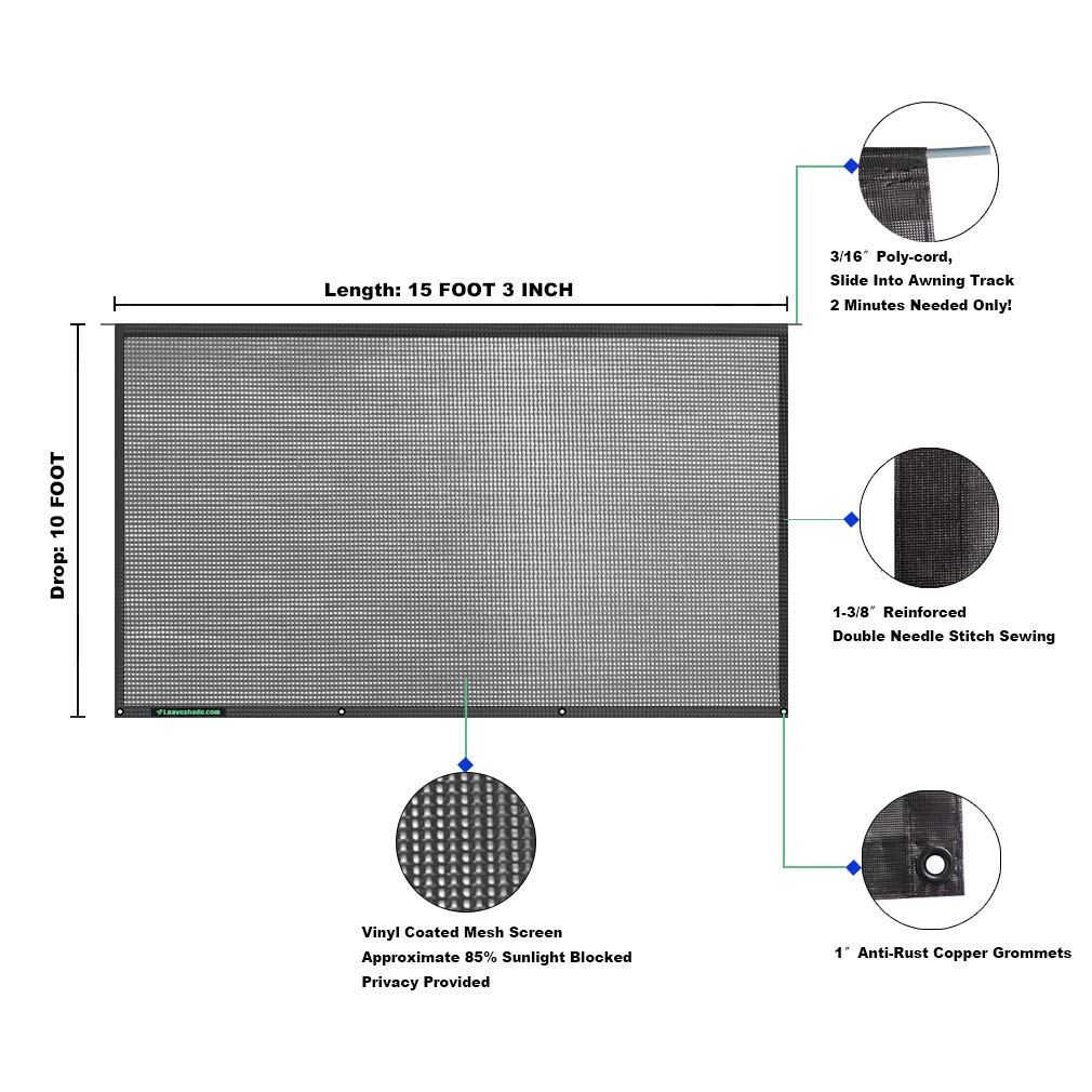 Leaveshade Toldo para Caravana ● 10 x 15 pies 3 Pulgadas (Apto para toldo de 16 pies) Parasol de Malla para toldo de Caravana ● Toldo de Autocaravana, Camping, Remolque, Protector Solar (Negro)