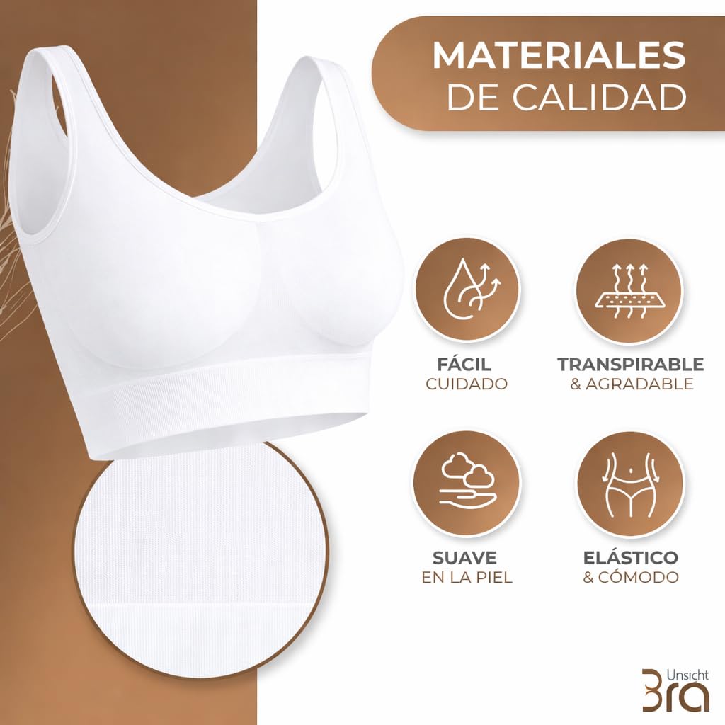 UnsichtBra Mujer Set de 3 Sujetadores | Bralette Sin Aros | Ultra Cómodo e Invisible | Antisudor | Sin Costuras | Elástico y Transpirable | Negro, Blanco, Beige | Lencería de Algodón