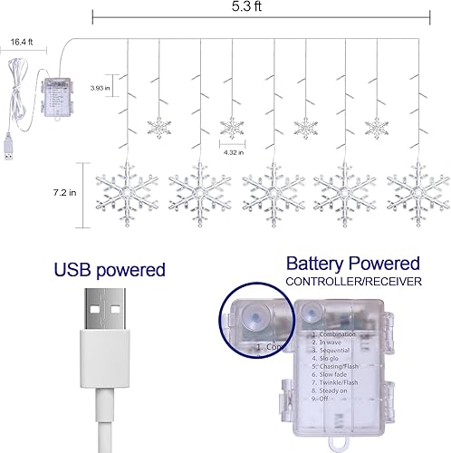 Miniatura 3 de Decoración de luces de copo de nieve de Navidad, control remoto de 5.3 pies y tiempo, 8 modos de luz con pilas, 112 luces LED blancas para cortina