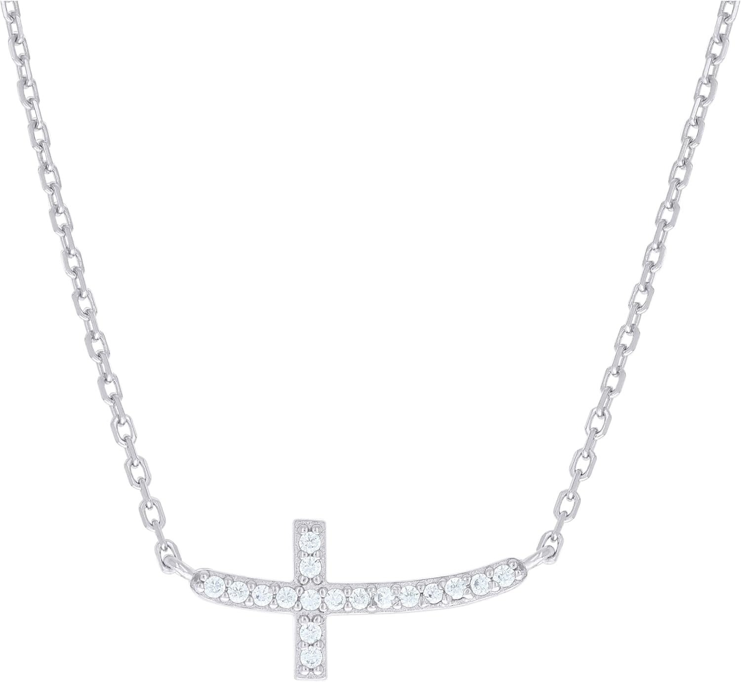 Jewels By Lux Sterling Silver Unisex Cubic-Zirconia Sideways Cross Necklace Size 16 + 1.5 Inches