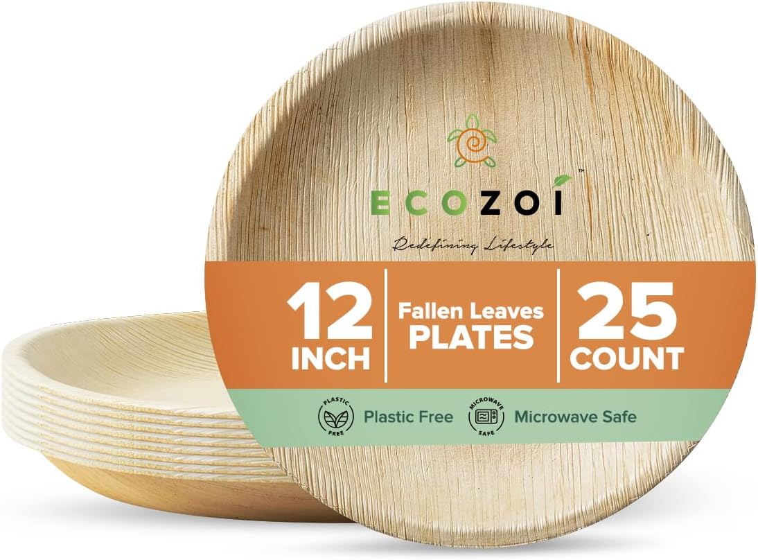 ecozoi Extra Large Disposable Palm Leaf Plates 12" Round, 25 Pack Eco-friendly Dinnerware Set, Biodegradable Compostable Tableware Dinner Plates, For Weddings, Parties, Events, Camping