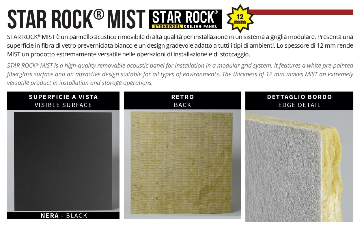 Pannelli per controsoffitto in LANA DI ROCCIA 600x600x12 mm STAR ROCK MIST Confezione da 25 Pz. - 9 Mq IN APPOGGIO - Colore NERO | COLORE NERO