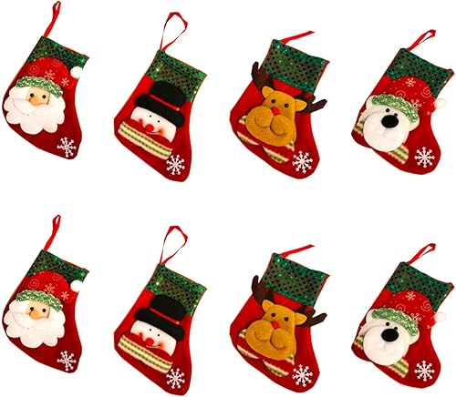 Christmas Joy Decoraciones - Juego de 8 medias de Navidad en 3D adornos de tamaño pequeño bolsas de regalo y dulces color rojo a cuadros