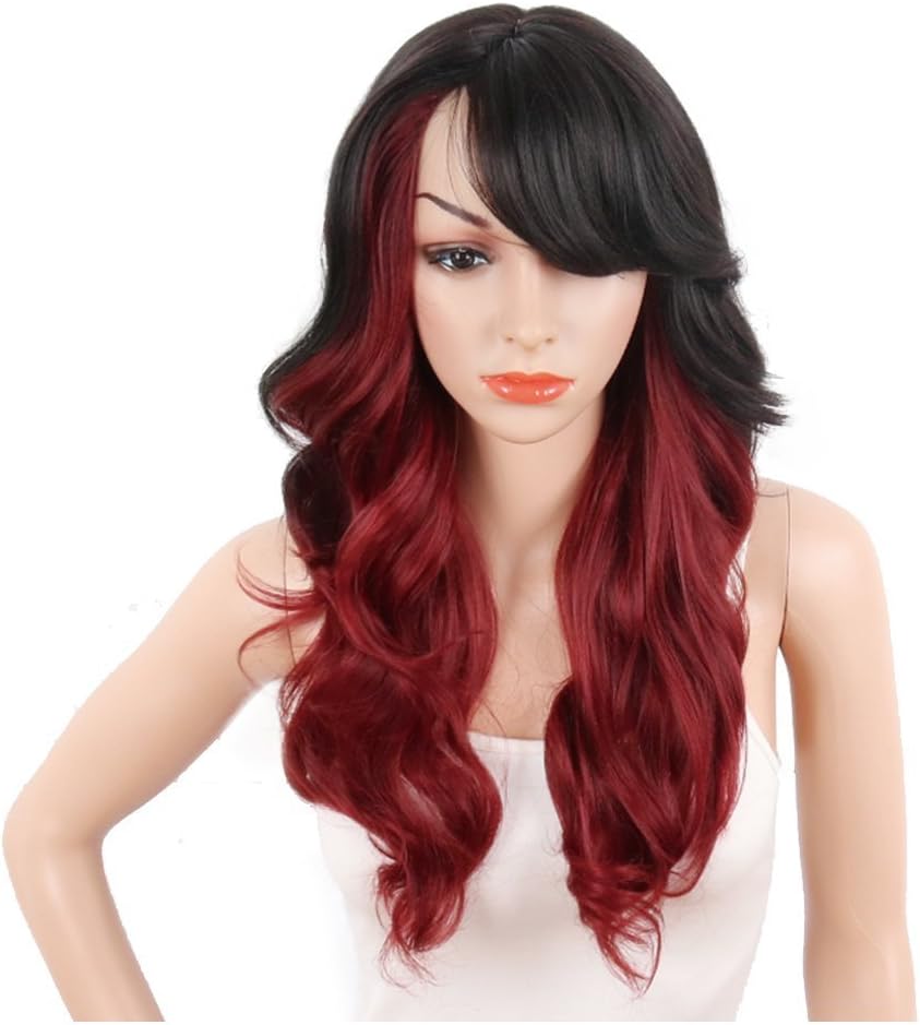 KRSI Ombre Red Synthetic Wigs for Black Women Dark Roots Long Natural Wavy Full Synthetic Hair Wigs For Women Side Parting With Bangs Heat Friendly Replacement Wigs 24 Inches (Ombr 1B/Red)