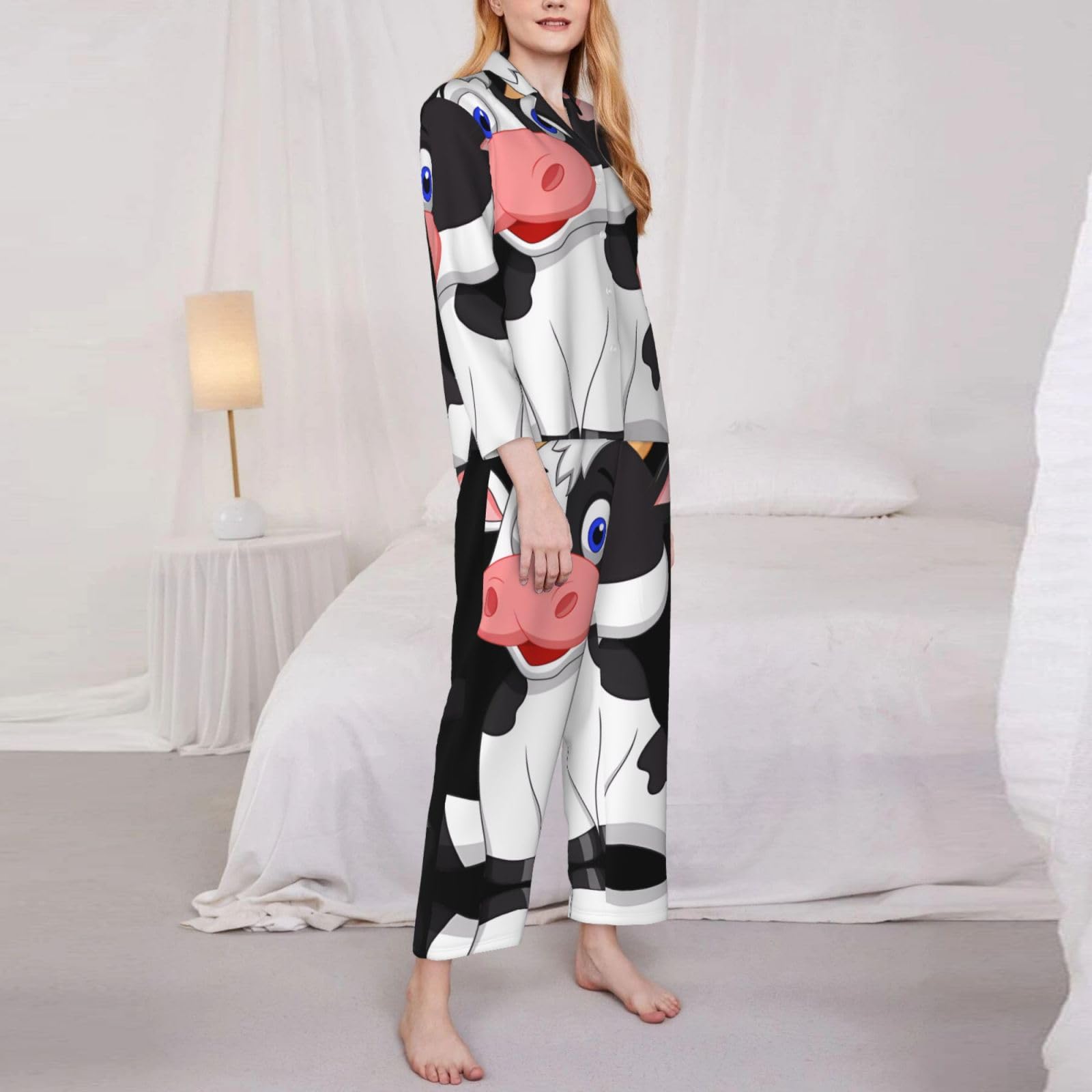 Conjunto de pijama de manga larga para mujer, conjunto de pijama con estampado de vaca lechera, cómoda ropa de dormir para otoño e invierno