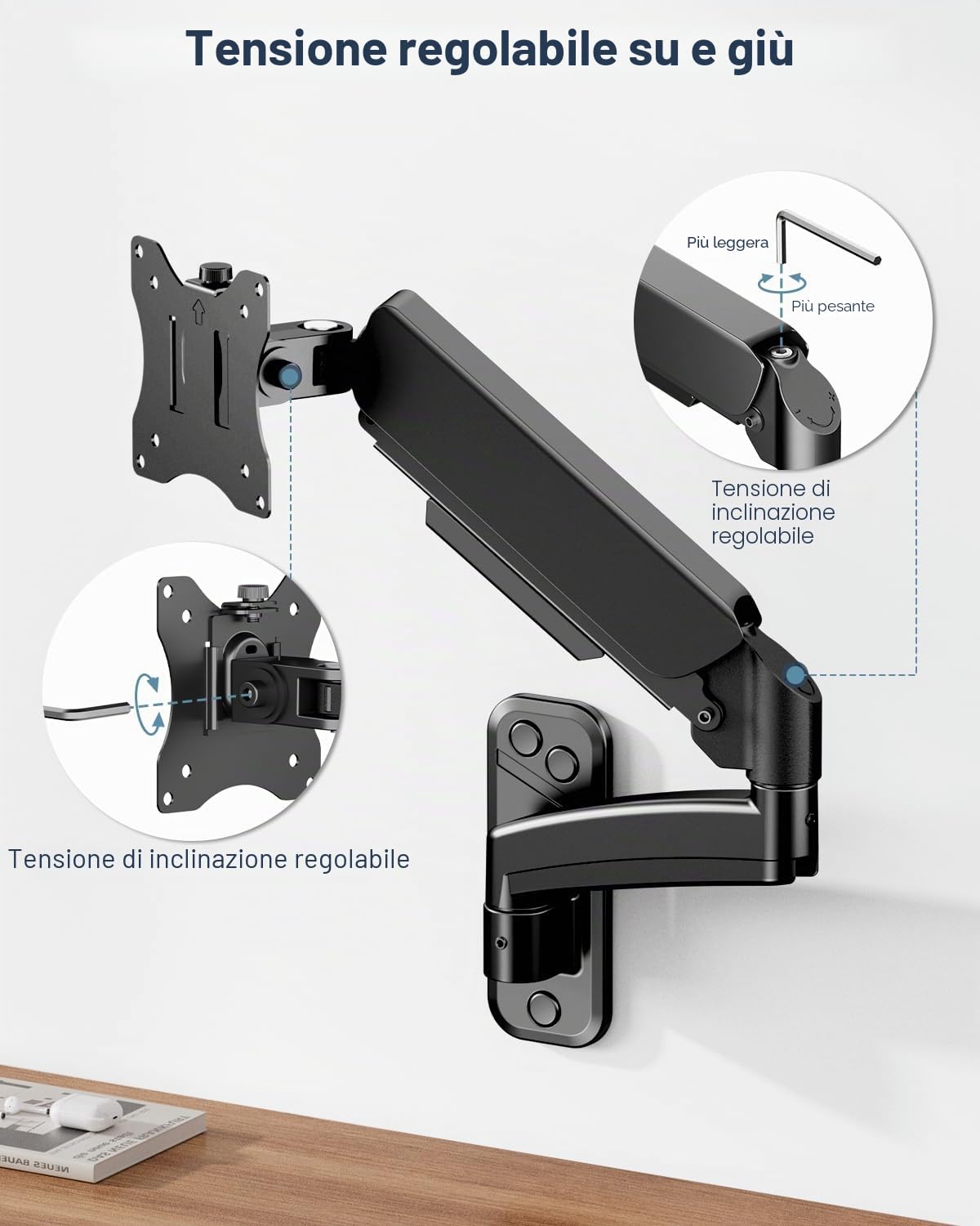 WORLDLIFT Supporto Monitor Muro da Parete per PC e TV – per Schermi 17-32 Pollici - Braccio Singolo con Molla a Gas Ergonomico Regolabile, VESA 75x75, 100x100 mm, 8 kg