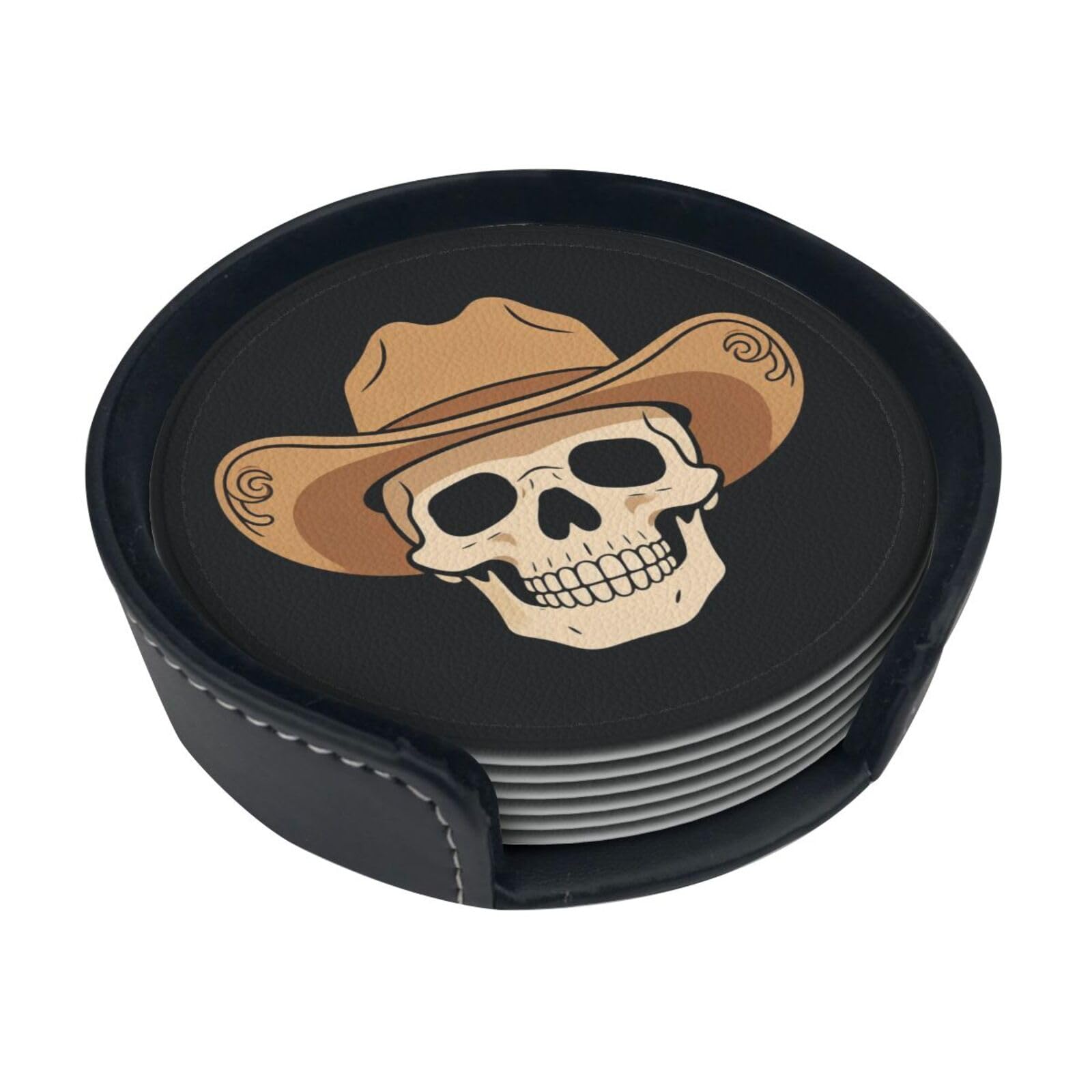 Cowboy Skull Flat Leather Coasters-Set of 6 with Storage Holder