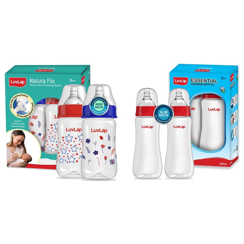 Luvlap Anti-Colic Wide Neck Natura Flo Baby Plastic Feeding Bottle, 250Ml (Pack of 2), Bpa Free & Anti-Colic Slim/Regular Neck Essential Baby Feeding Bottle