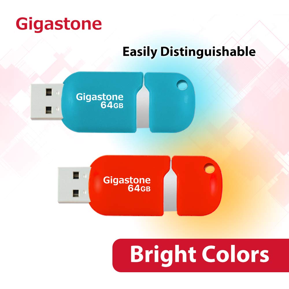 GIGASTONE 64Go Clé USB Flash (Lot de 5) V10 USB 2.0, Haute Vitesse, Design Coulissant sans Capuchon, Stockage et Sauvegarde pour PC/Mac/TV/Voiture - Orange/Bleu
