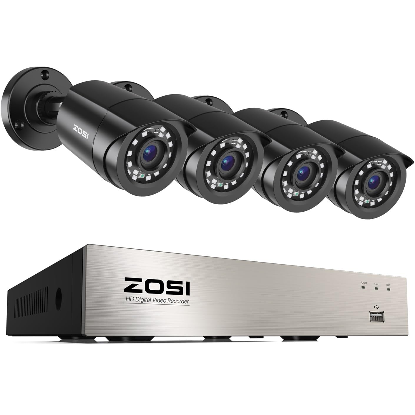 ZOSI 3K Lite Security Camera System Indoor Outdoor,AI Human/Vehicle Detection,Night Vision,Remote Access,4pcs 1080P 1920TVL Weatherproof Surveillance Cameras,H.265+ 8CH CCTV DVR
