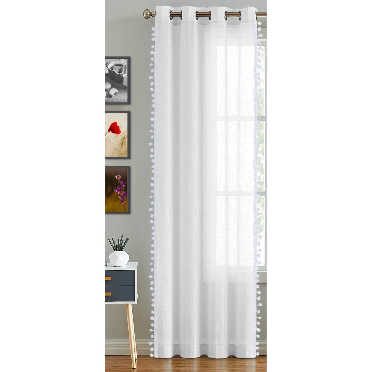 HOMEMONDE Cotton Sheer Grommet Curtains with Border Pom Pom Decorative Texture Linen Solid Transparent Customize Size Curtains 1 Piece, White