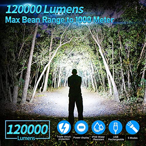Rechargeable Led Flashlights High Lumens, 120000 Lumen Super Bright Powerful Flashlight, 5 Light Modes, Zoomable, Ipx6 Waterproof Flashlights For Outdoor(Medium) #TOP1