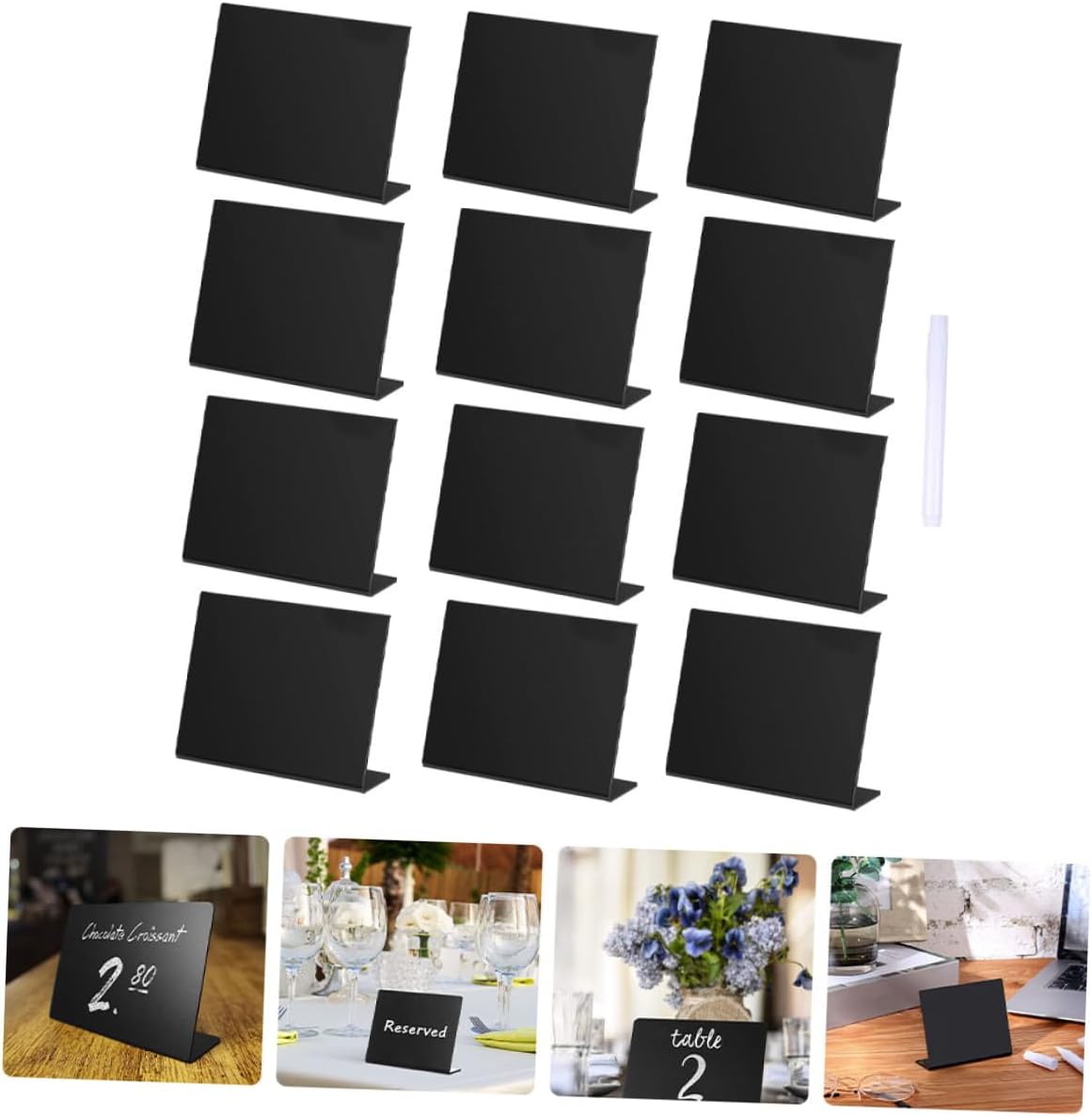 Acrylic Mini Blackboard Sign with 12pcs Set and Chalk Pen, Black Wedding Party Desktop Message Board for Home Décor and Event Notes