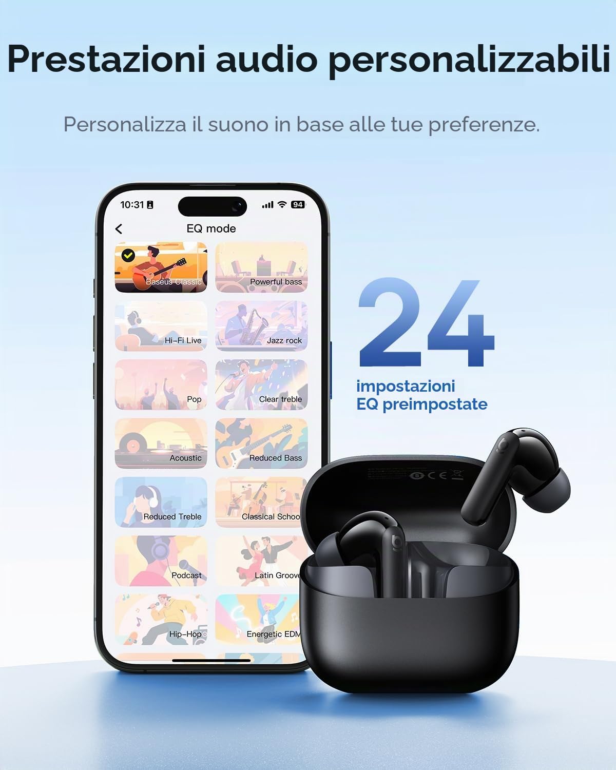 Baseus EP10 NC Auricolari Bluetooth con cancellazione del rumore, cuffie Bluetooth con -43 dB ANC, cancellazione del rumore adattiva, auricolari con 4 microfoni, chiamata chiara, IP55, 41 ore di