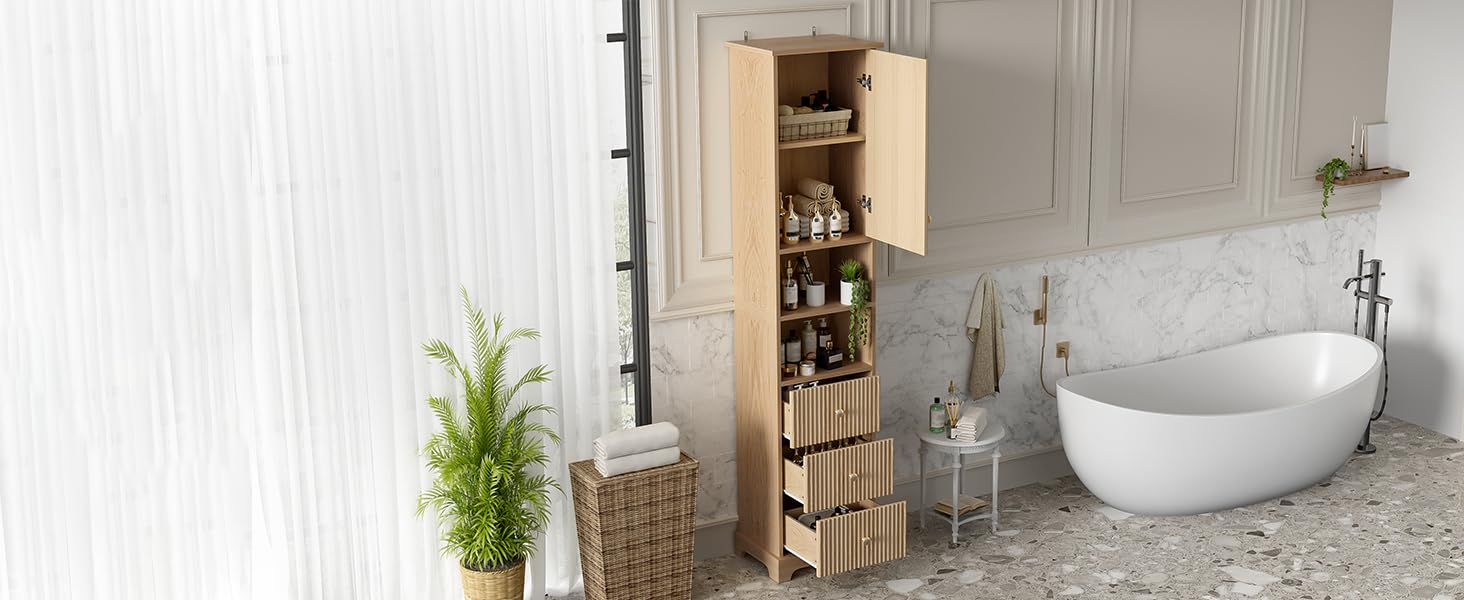 Tidyard Badezimmerschrank, 40x30x172 cm, PVC-Thermoform, vertikale Streifen, 3 Schubladen, Naturholzfarbe, für Bad, Gäste-WC, Sauna, Wellnessbereich
