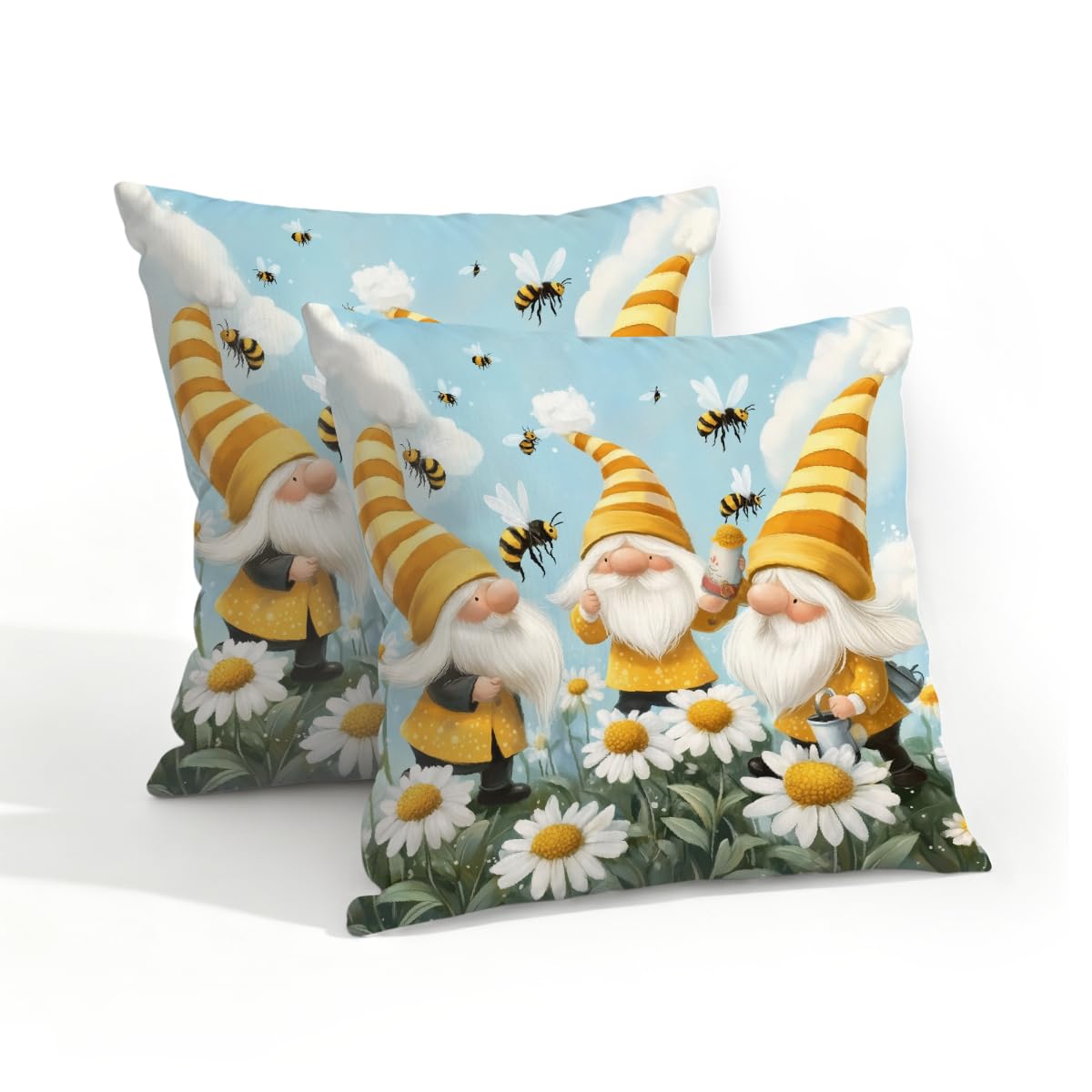 Outdoor Pillow Covers Waterproof Pillowcases 18x18IN Set of 2 Spring Floral Field Bee Dwarf Decorative Throw Cushion Case for Couch Sofa Garden Patio Furniture