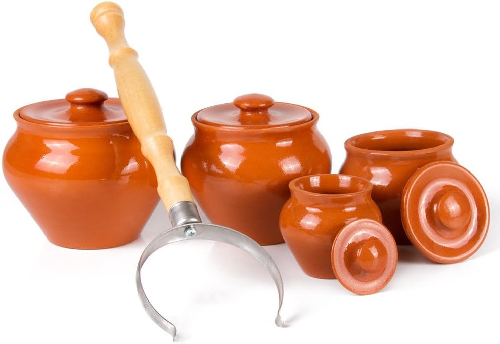 Traditional Natural Clay Stoneware Baking Pots Set of 4 with Lids - Different Capacity, Oven Fork Clay Cookware