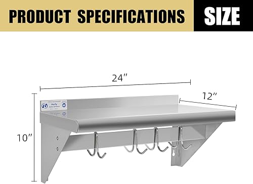 Miniatura 3 de HALLY Estante de acero inoxidable con 4 ganchos de 12 x 24 pulgadas, estante flotante comercial NSF para almacenamiento de ollas colgantes,