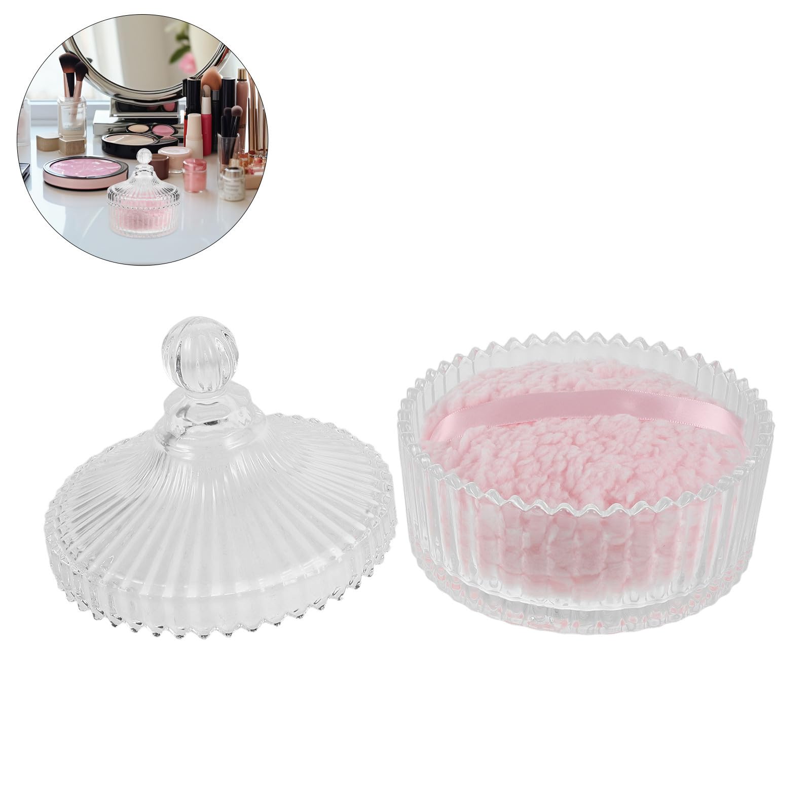 TEHAUX Piumino da Cipria Extra Grande in Peluche Rosa Barattolo di Polvere in Vetro Rotondo, Assorbe e Trattiene la Polvere, Lavabile, per Viso e Corpo