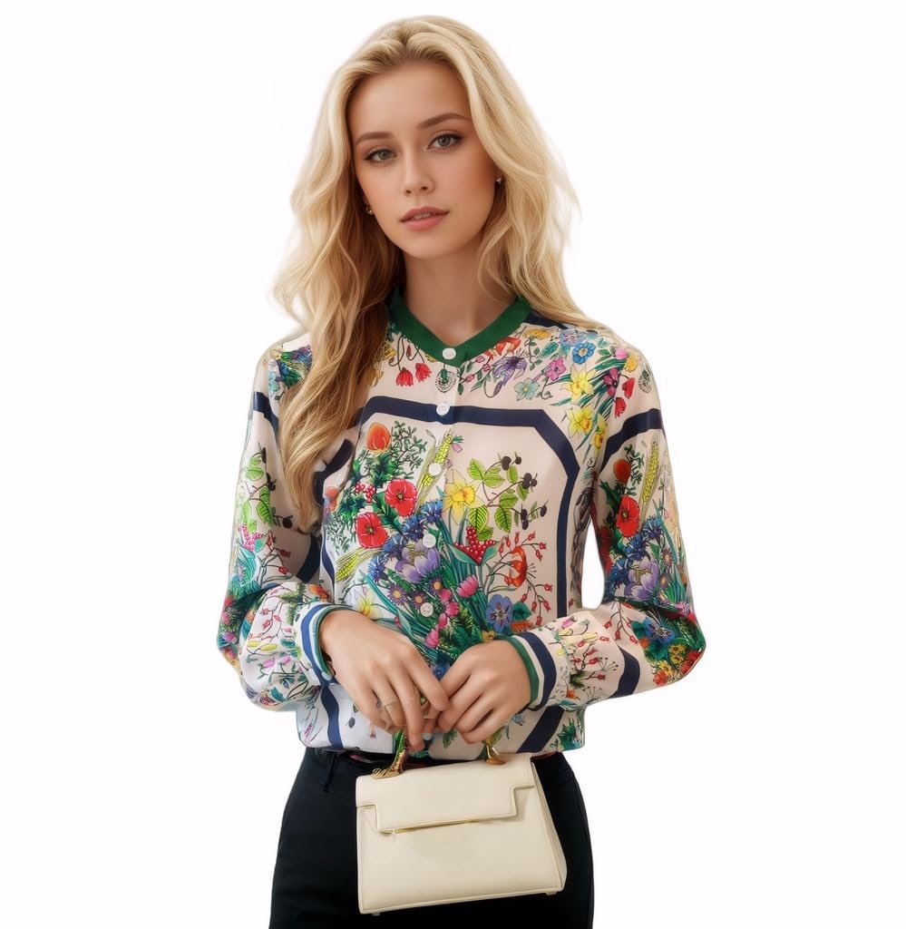 MAAYKOM Women's Printed Flowers Commercial Long Sleeved Casual Loose Lapel Button Down Shirt Blouse Tops.