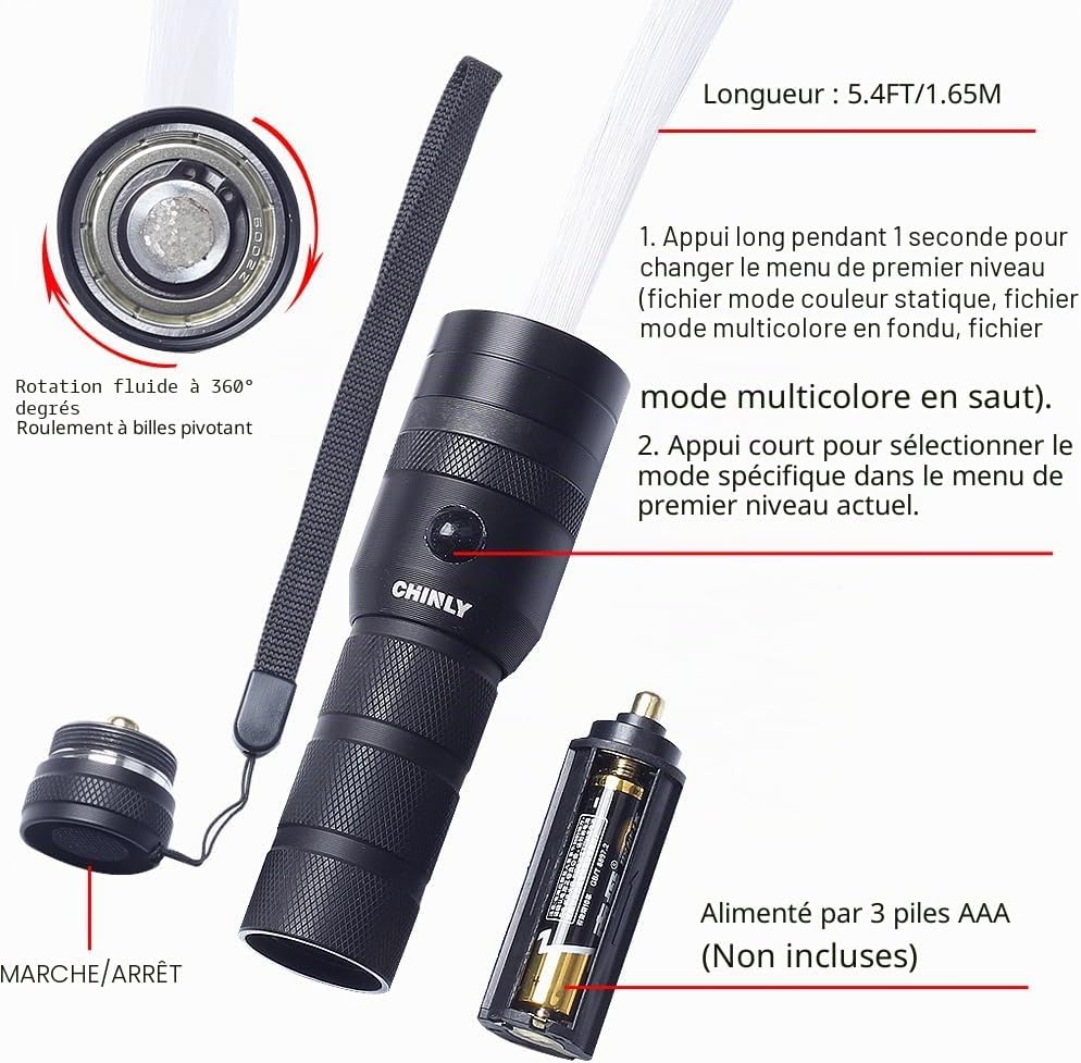 Close-up of CHINLY LED Fiber Optic Dance Whip handle, showing power button, mode button, 360-degree swivel, and AAA battery compartment.
