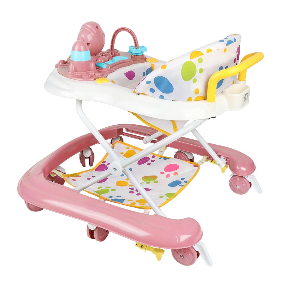 Trotteur Bébé Garçon&Fille 2en 1 avec Hauteur Réglable, Trotteur Marche Bébé avec Musique,8 roues, musique, auvent,62 * 68 * 36-81cm - Rose