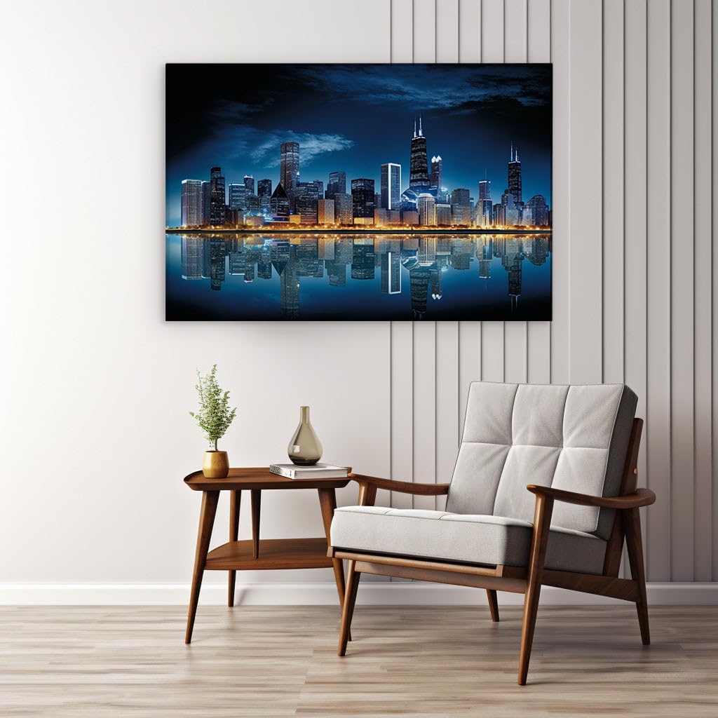 Canvas for Living room. Illuminating Elegance: Chicago's Skyline Dances in Nighttime Reflection, 27 x 18 inch Canvas Wall Art - Skylines And Cityscapes - Modern Home Decor