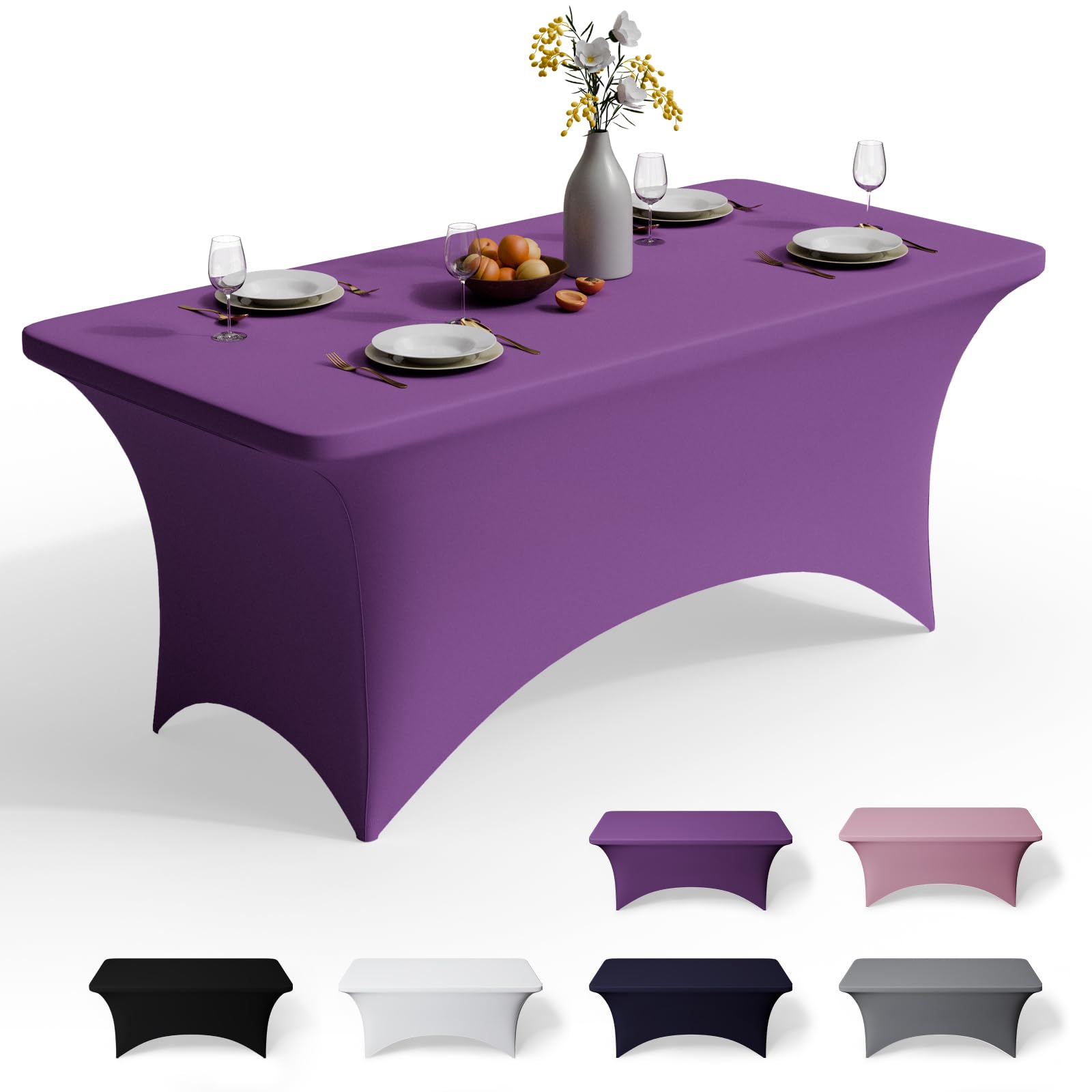 GFCC 4FT Spandex Table Covers - Purple Stretch Fitted Rectangular Tablecloth Washable & Wrinkle Resistant Spandex Tablecloths for Party, Wedding, Banquet, Events & Home