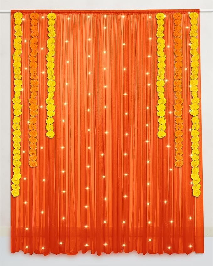 Pop Colours Traditional Backdrop Decoration Fabric | Orange Net Curtain | Decoration Cloth for Wedding, Birthday, Party Decor | 2 Pcs (Orange)-image-36