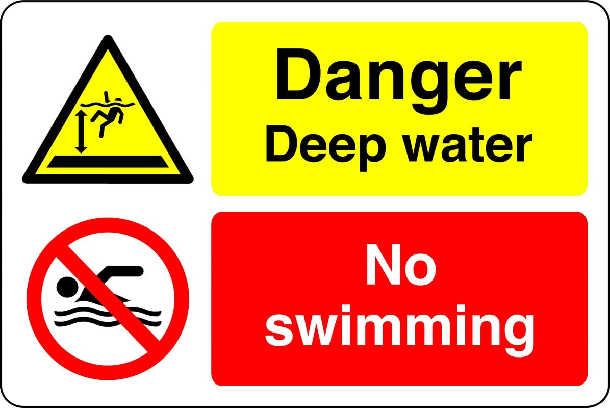 Danger deep water no swimming - no swimming, no diving, deep water, slippery - High tack self-adhesive sticker (600mm x 400mm) Viewing Distance within 20m.
