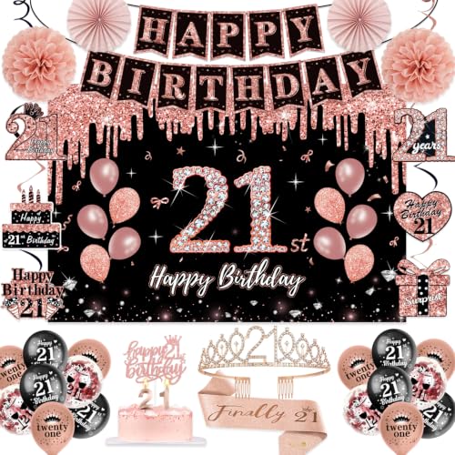 50Pcs 21st Birthday Decorations for Her, Rose Gold&Black Pre-Assembled Set.