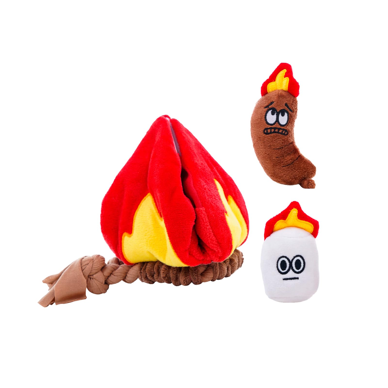 Furry Fables Dog Nosework and Tug Toy Set, Plush Campfire with Treat Pocket and Squeaky Sausage, Cloth Tug Rope, Squeaky, Nosework and Tug-of-War Toy for Dogs