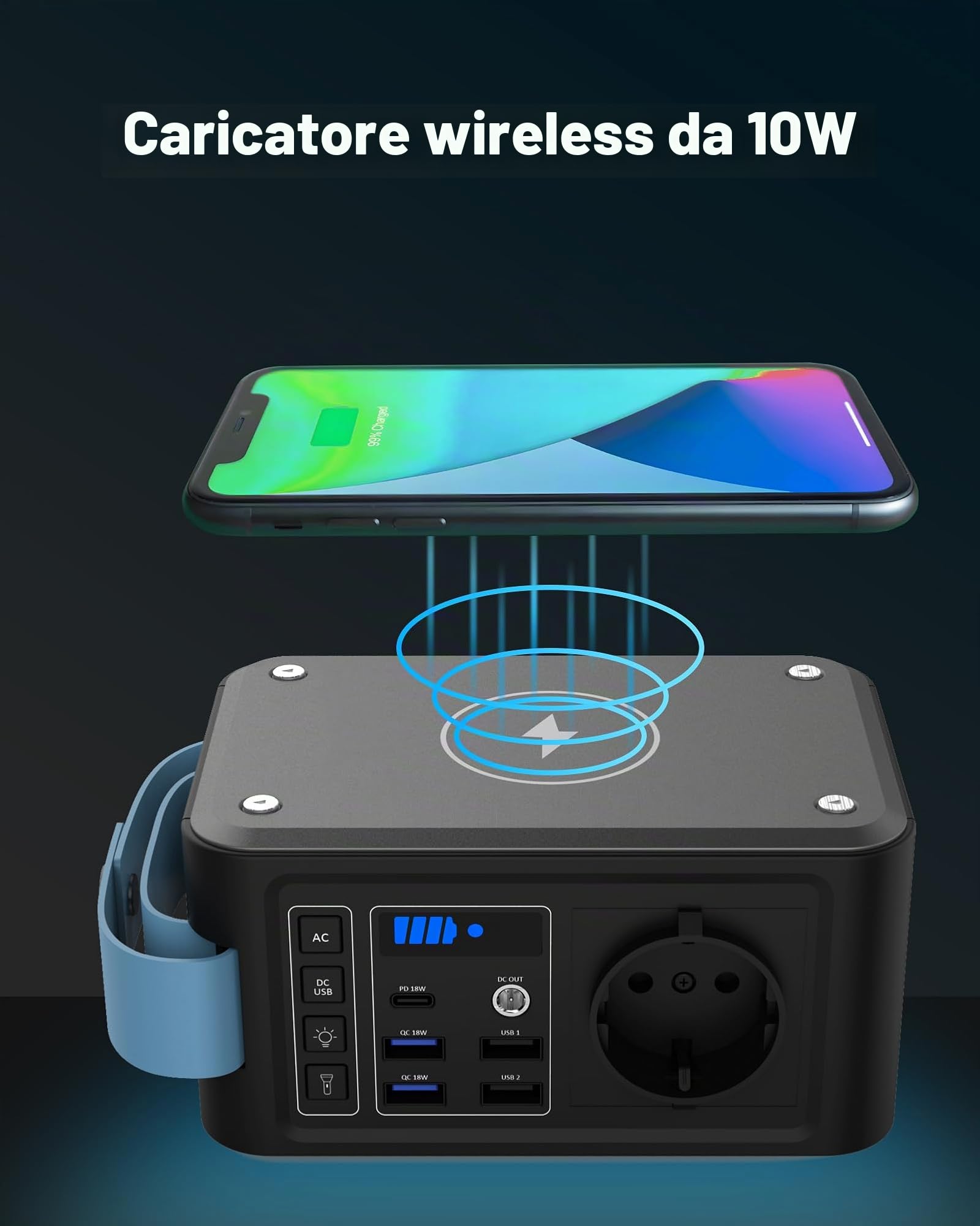 Power Station 230 V con presa di corrente, 88,8 Wh, caricatore senza fili, 10 W, generatore solare da 120 W, USB LED per campeggio, attività all'aperto, emergenza